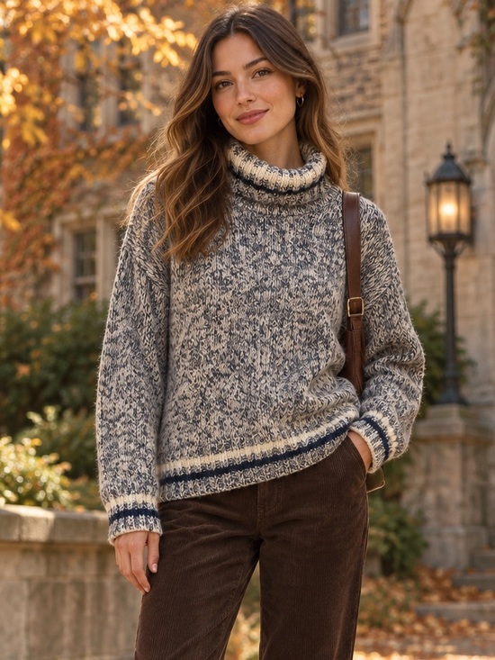 Bc Clothing Sweaters - Vintage B.C. Clothing Wool Blend Marled Turtleneck Sweater Blue Cream Cabinecore